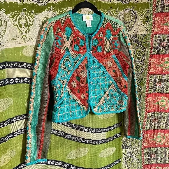 Rare Vintage Sandy Starkman Aqua Patchwork/ Embroidered Boho Cardigan Size Small - Picture 5 of 15